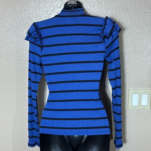 T.la Anthropologie striped ruffle turtleneck top new xs blue/black - Picture 4 of 7